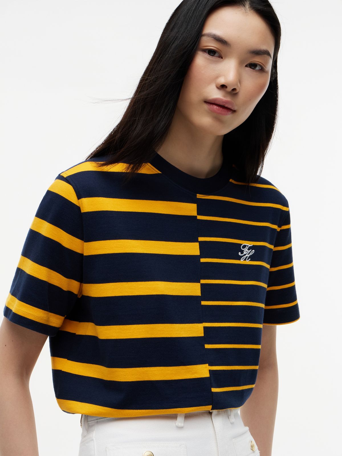 Mixed Stripe Relaxed Crew Neck T-Shirt — Orange