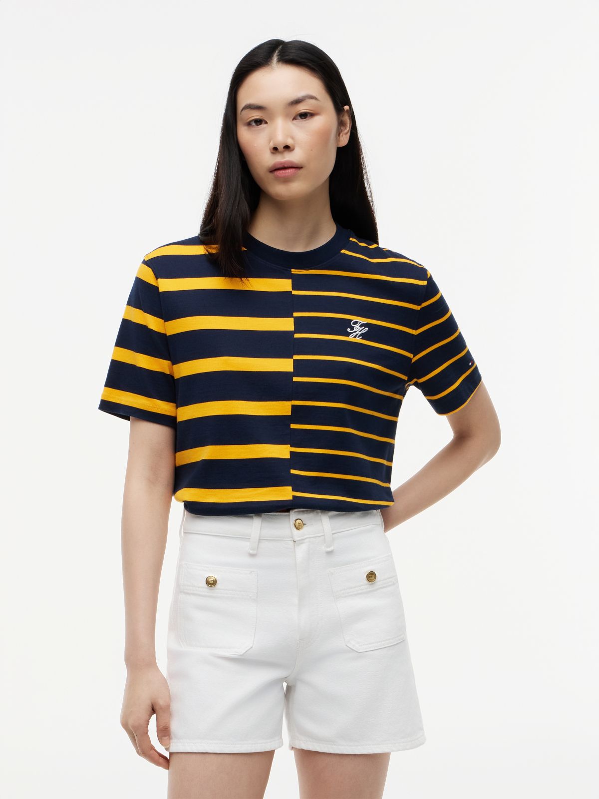 Mixed Stripe Relaxed Crew Neck T-Shirt — Orange