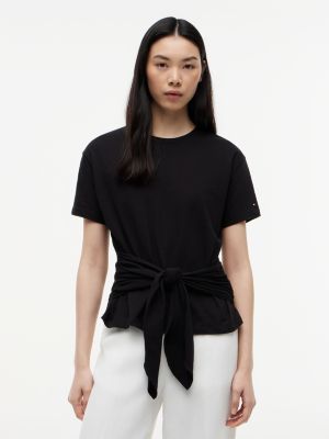 black self-tie textured relaxed crew neck t-shirt for women tommy hilfiger