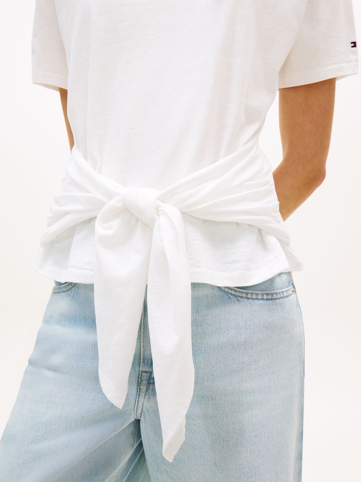 Self-Tie Textured Relaxed Crew Neck T-Shirt — White