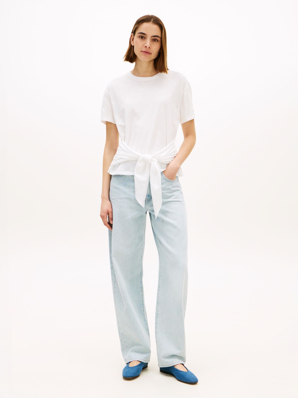 Self-Tie Textured Relaxed Crew Neck T-Shirt — White