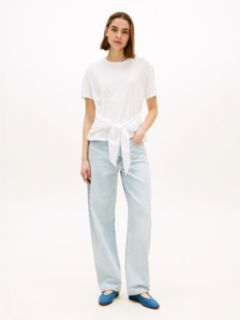Self-Tie Textured Relaxed Crew Neck T-Shirt — White 3