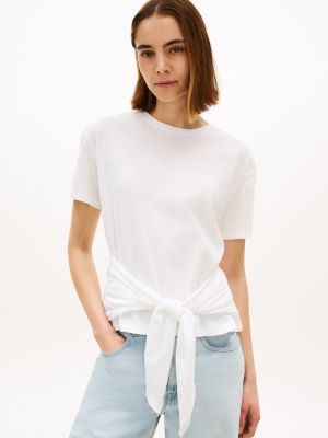 white self-tie textured relaxed crew neck t-shirt for women tommy hilfiger