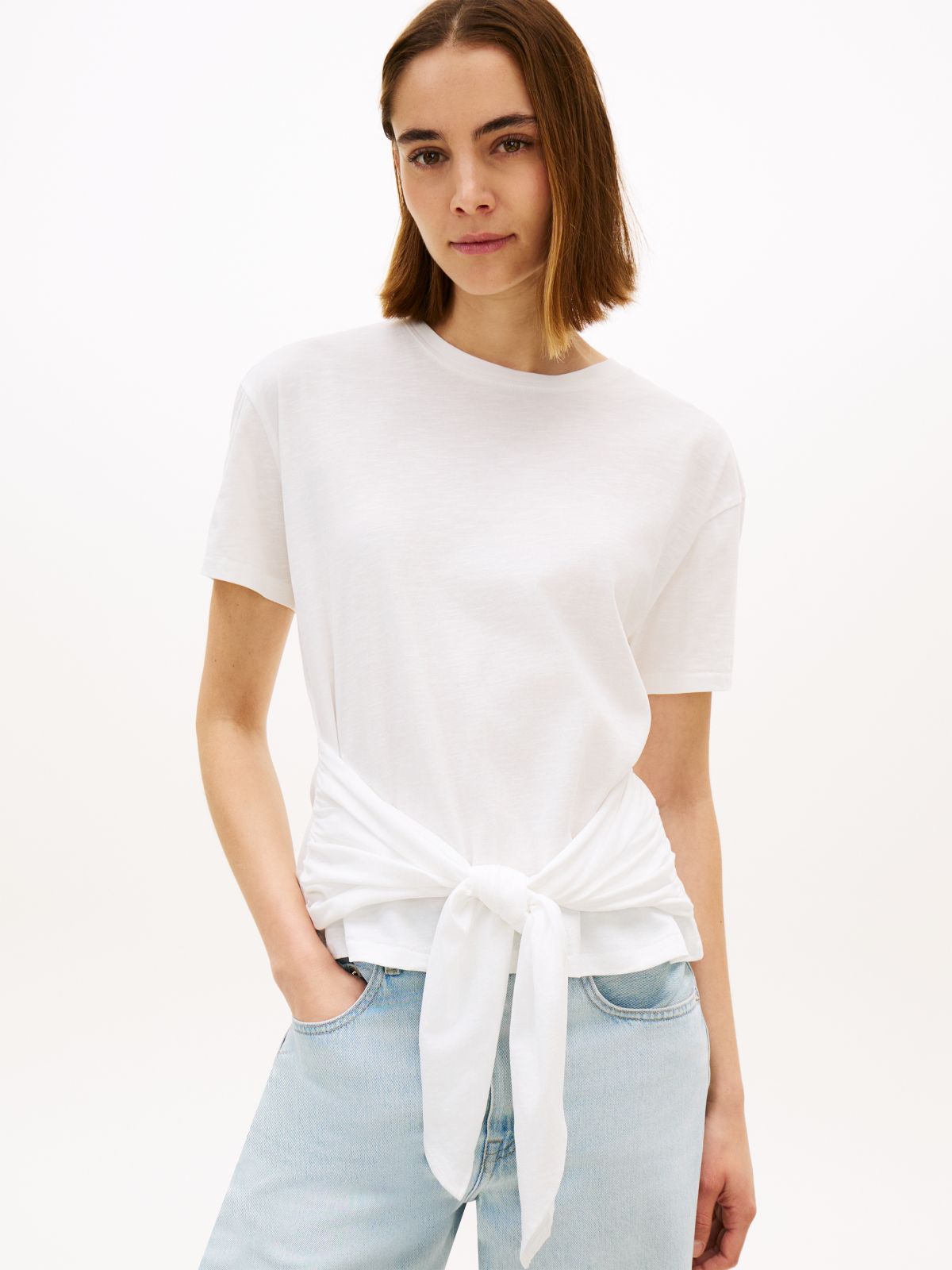 Self-Tie Textured Relaxed Crew Neck T-Shirt — White