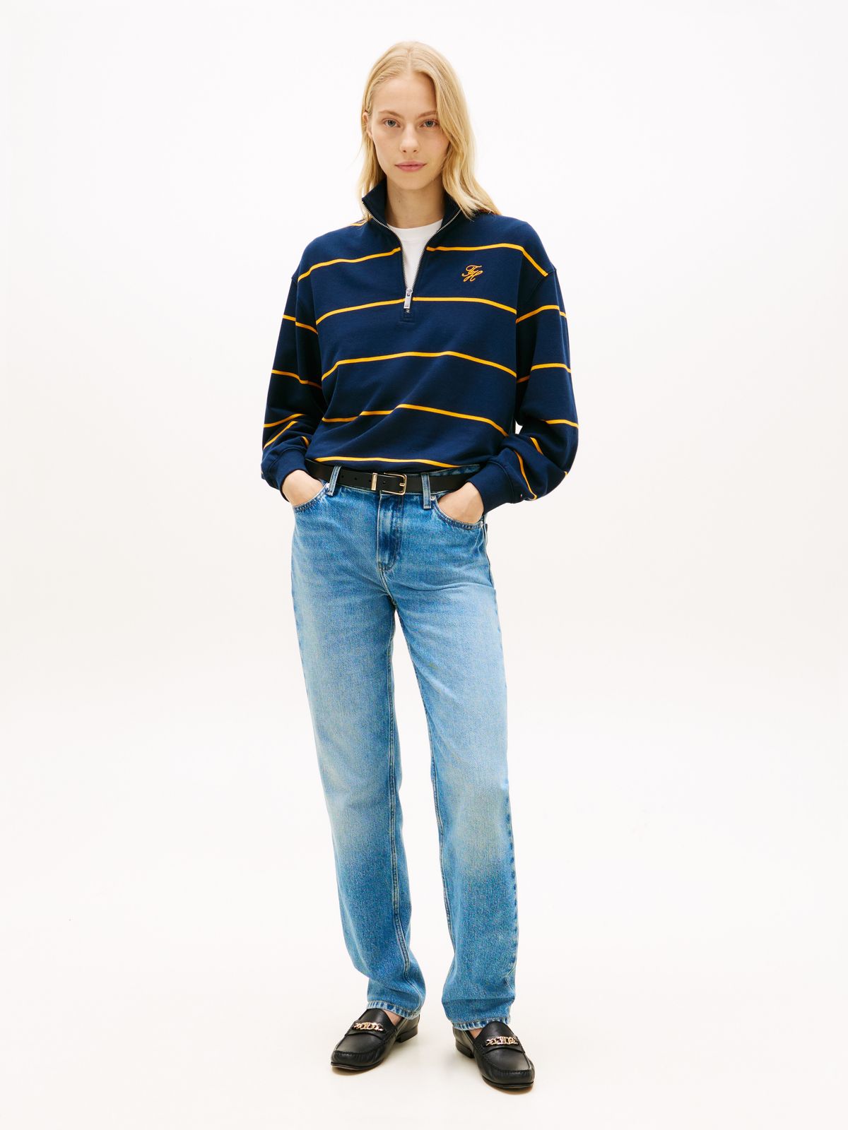 Logo Embroidery Terry Quarter-Zip Jumper — Blue
