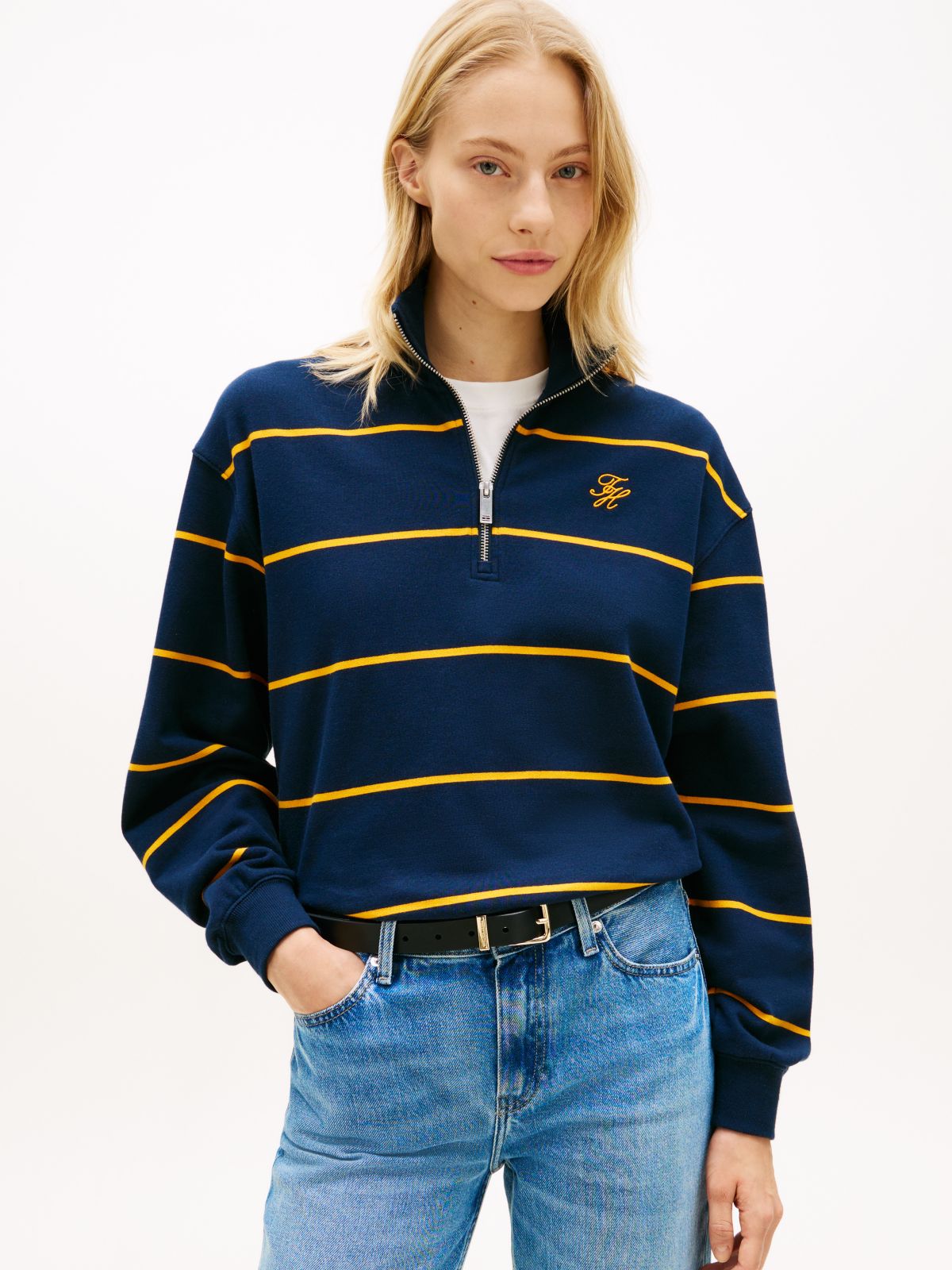 Logo Embroidery Terry Quarter-Zip Jumper — Blue