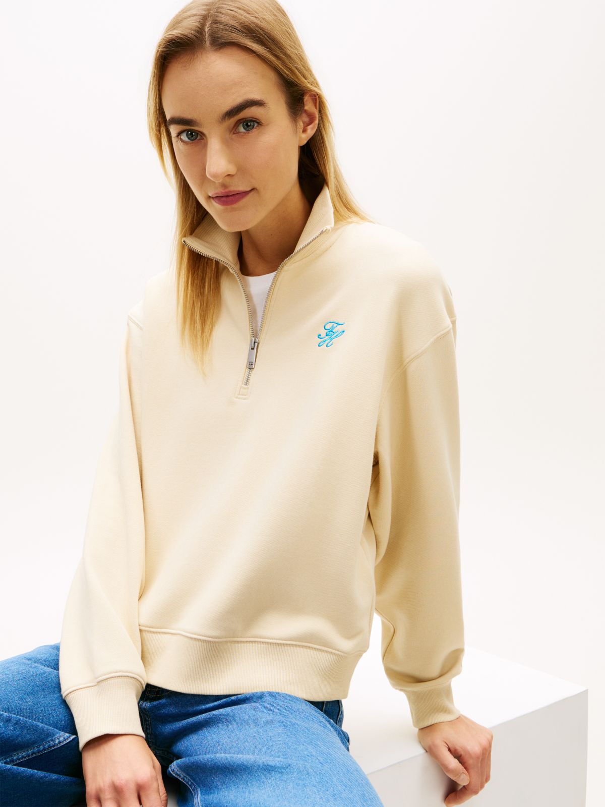Logo Embroidery Terry Quarter-Zip Jumper — Beige