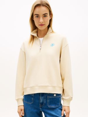 beige logo embroidery terry half-zip jumper for women tommy hilfiger