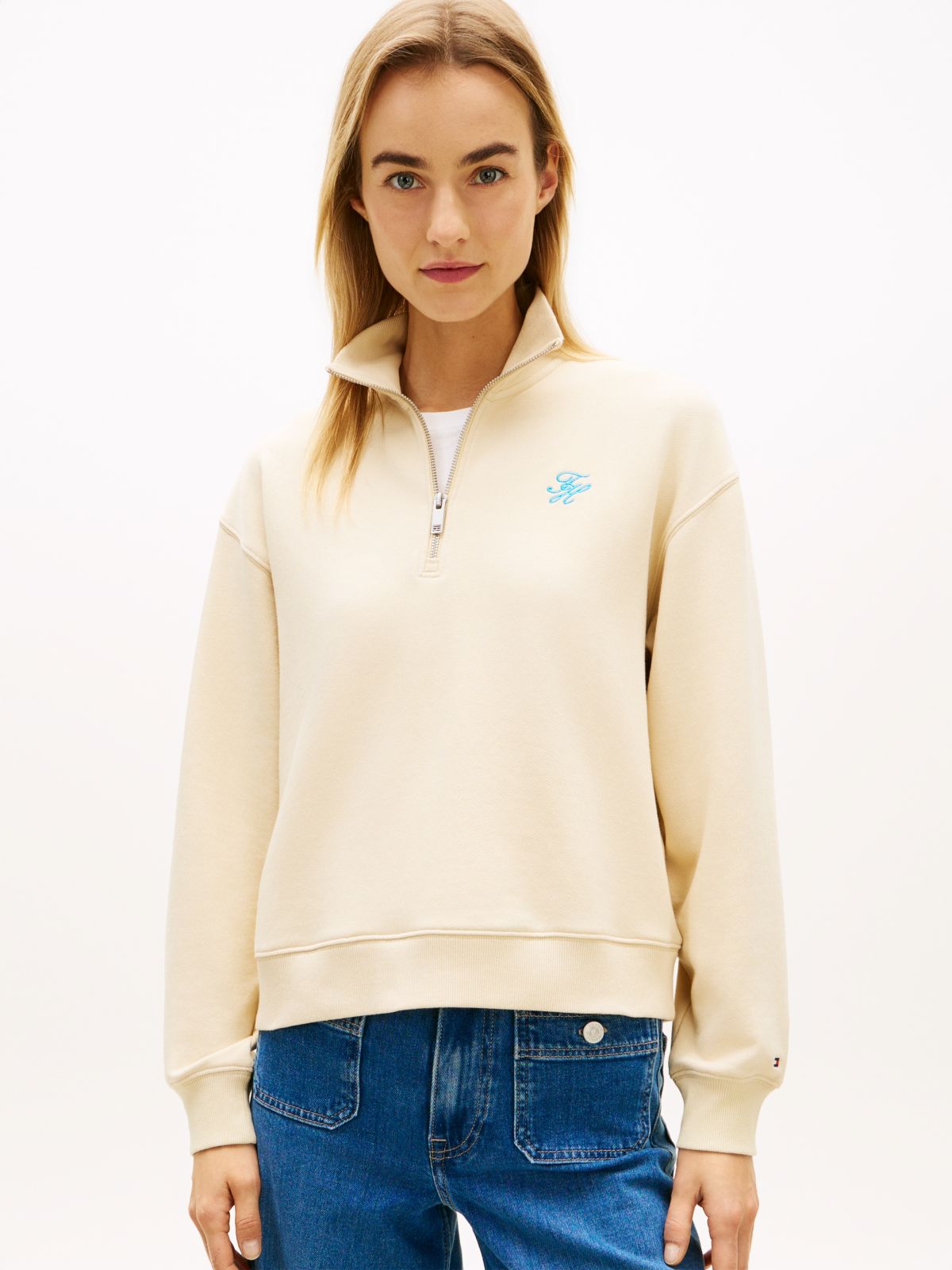 Logo Embroidery Terry Quarter-Zip Jumper — Beige