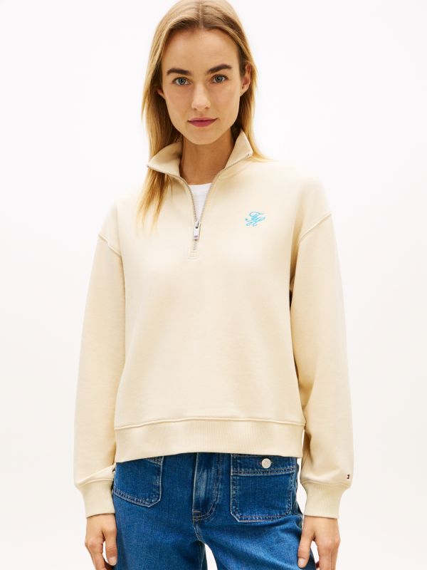 Logo Embroidery Terry Quarter-Zip Jumper — Beige