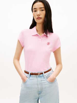 pink 1985 slim fit logo embroidery polo shirt for women tommy hilfiger