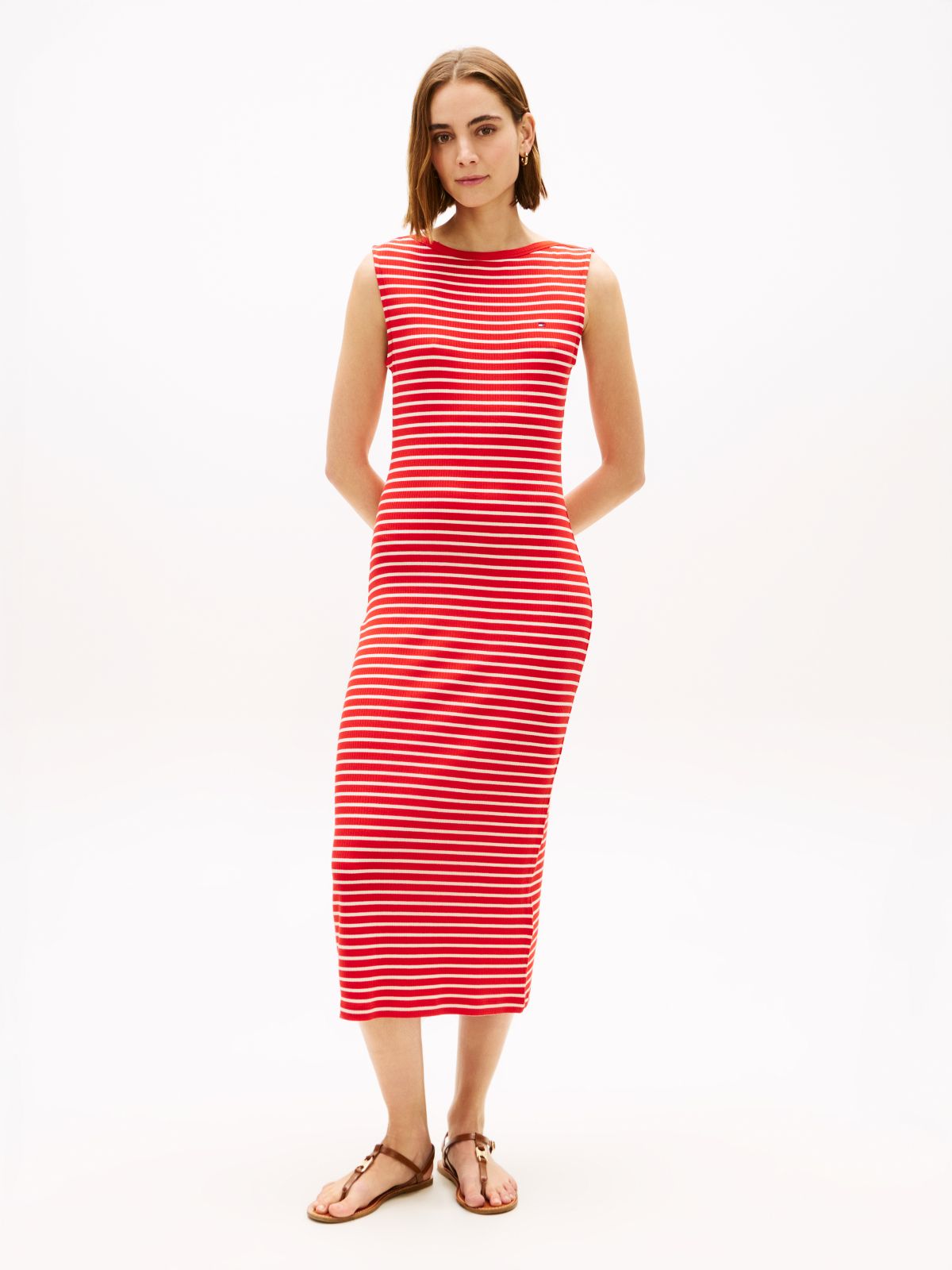 Boat Neck Slim Midi Bodycon Dress — Red
