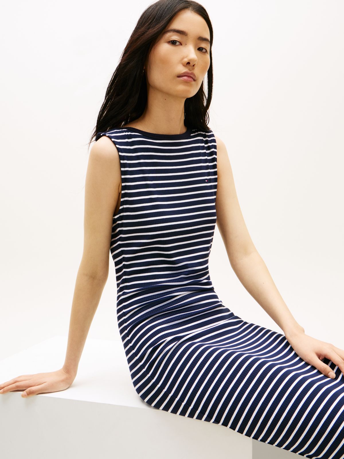 Boat Neck Slim Midi Bodycon Dress — Blue