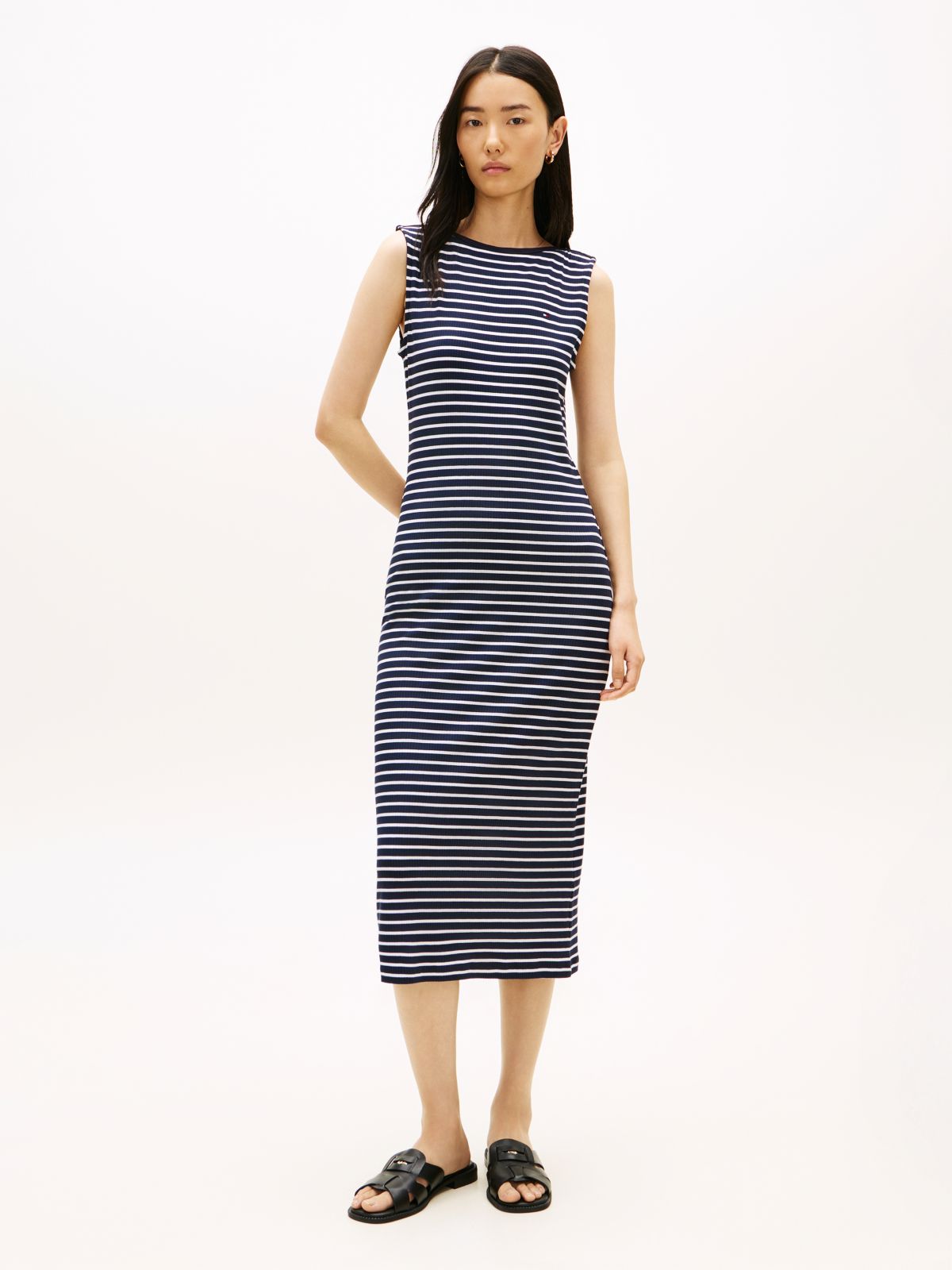 Boat Neck Slim Midi Bodycon Dress — Blue