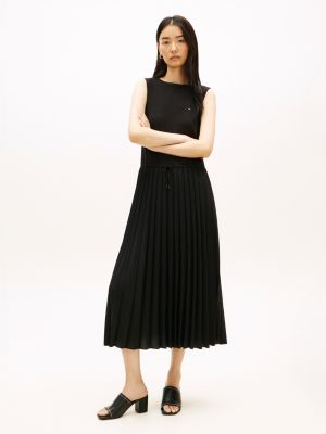 black ärmelloses slim fit midi-kleid mit faltenrock für damen - tommy hilfiger