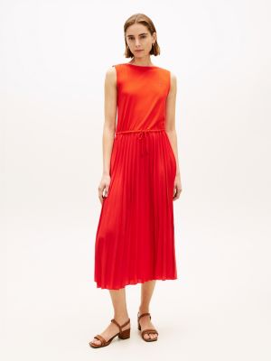 robe midi slim plissée sans manches orange pour femmes tommy hilfiger