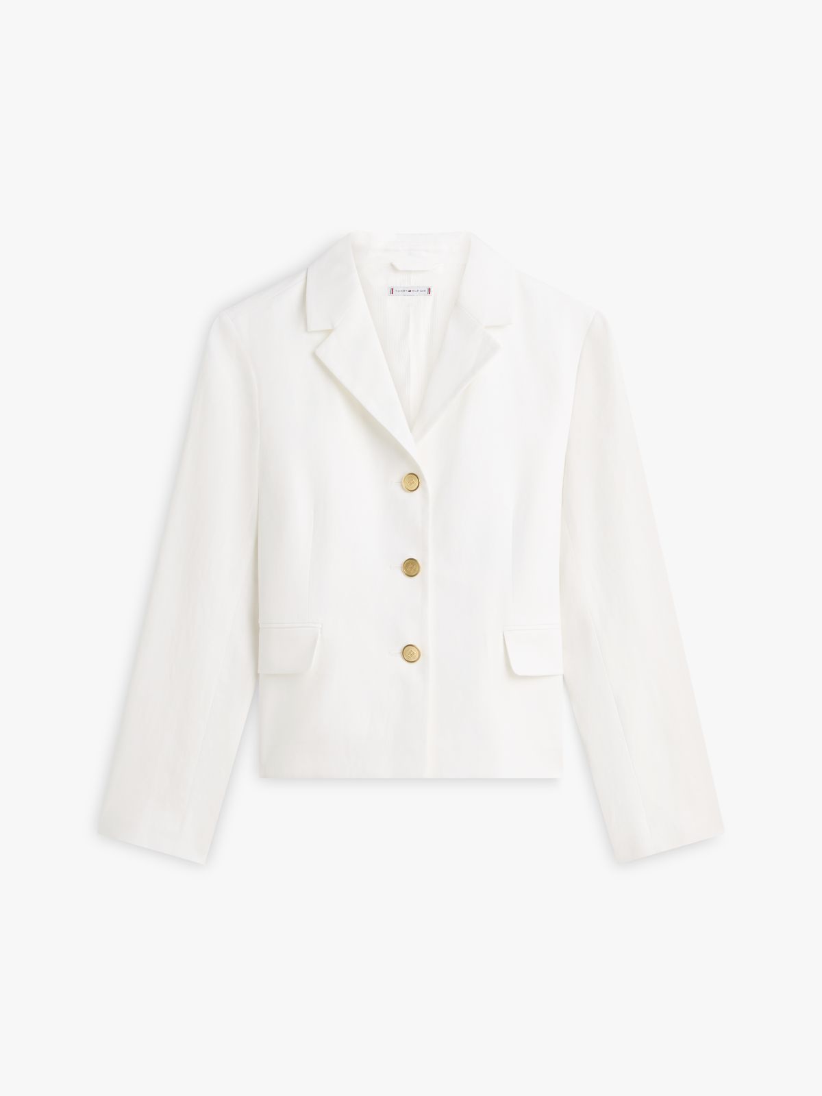 Slim Fit Gold-Tone Button Linen Blend Blazer — White