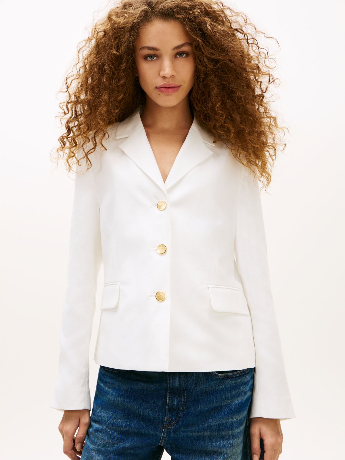 Slim Fit Gold-Tone Button Linen Blend Blazer — White