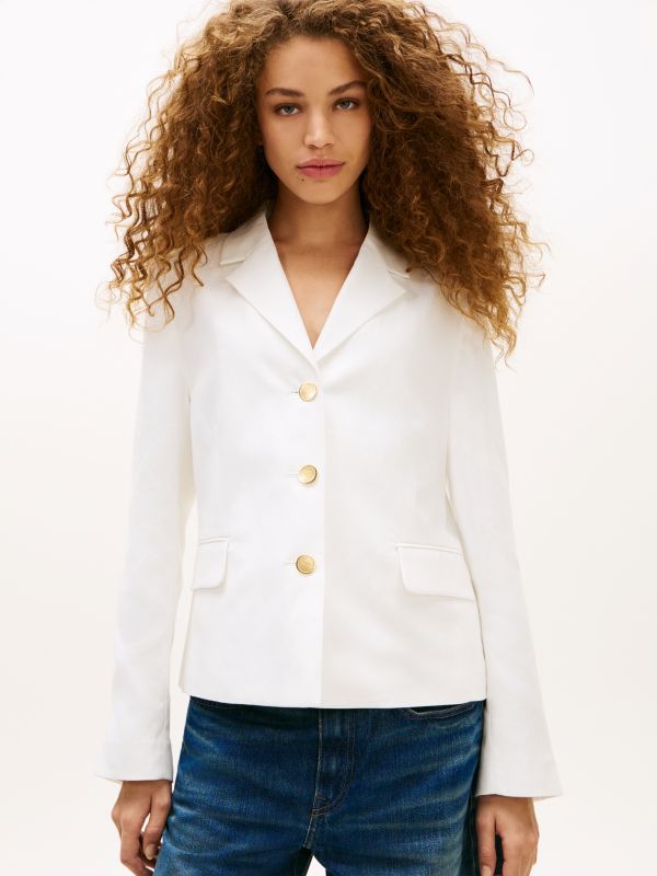 Slim Fit Gold-Tone Button Linen Blend Blazer — White