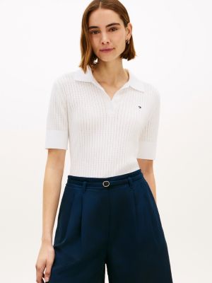white pointelle short sleeve polo jumper for women tommy hilfiger