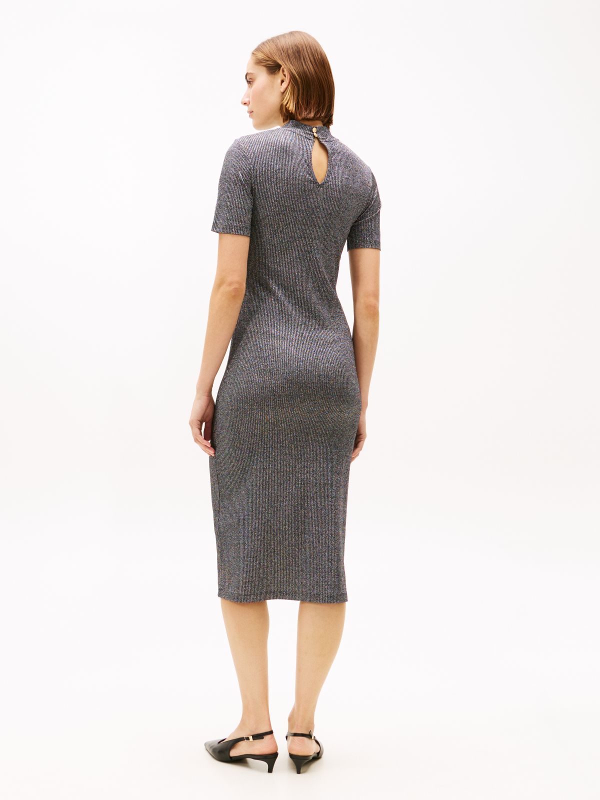 Festive Metallic Slim Midi Bodycon Dress — Grey