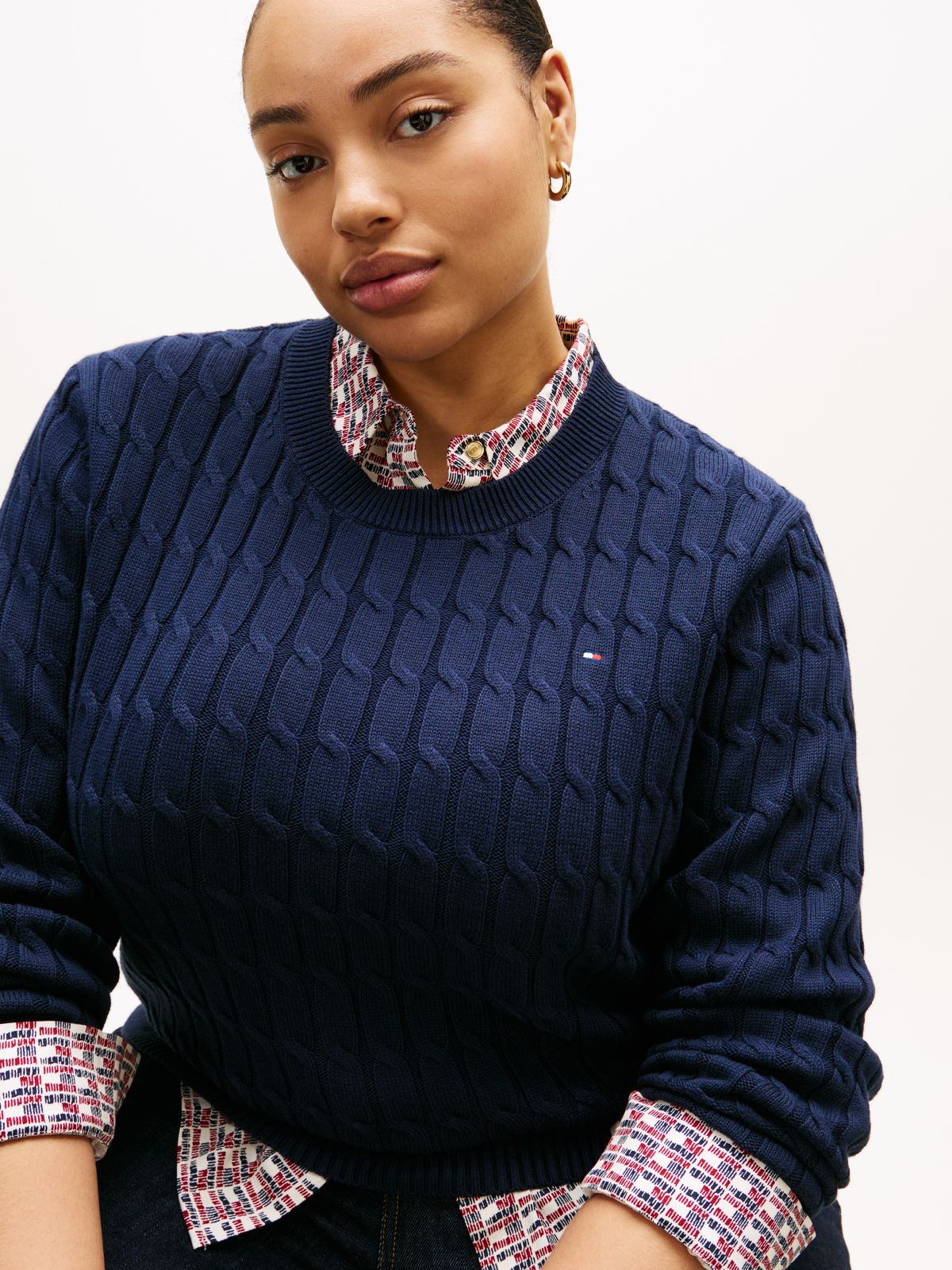 Curve Cable Knit Crew Neck Jumper — Blue