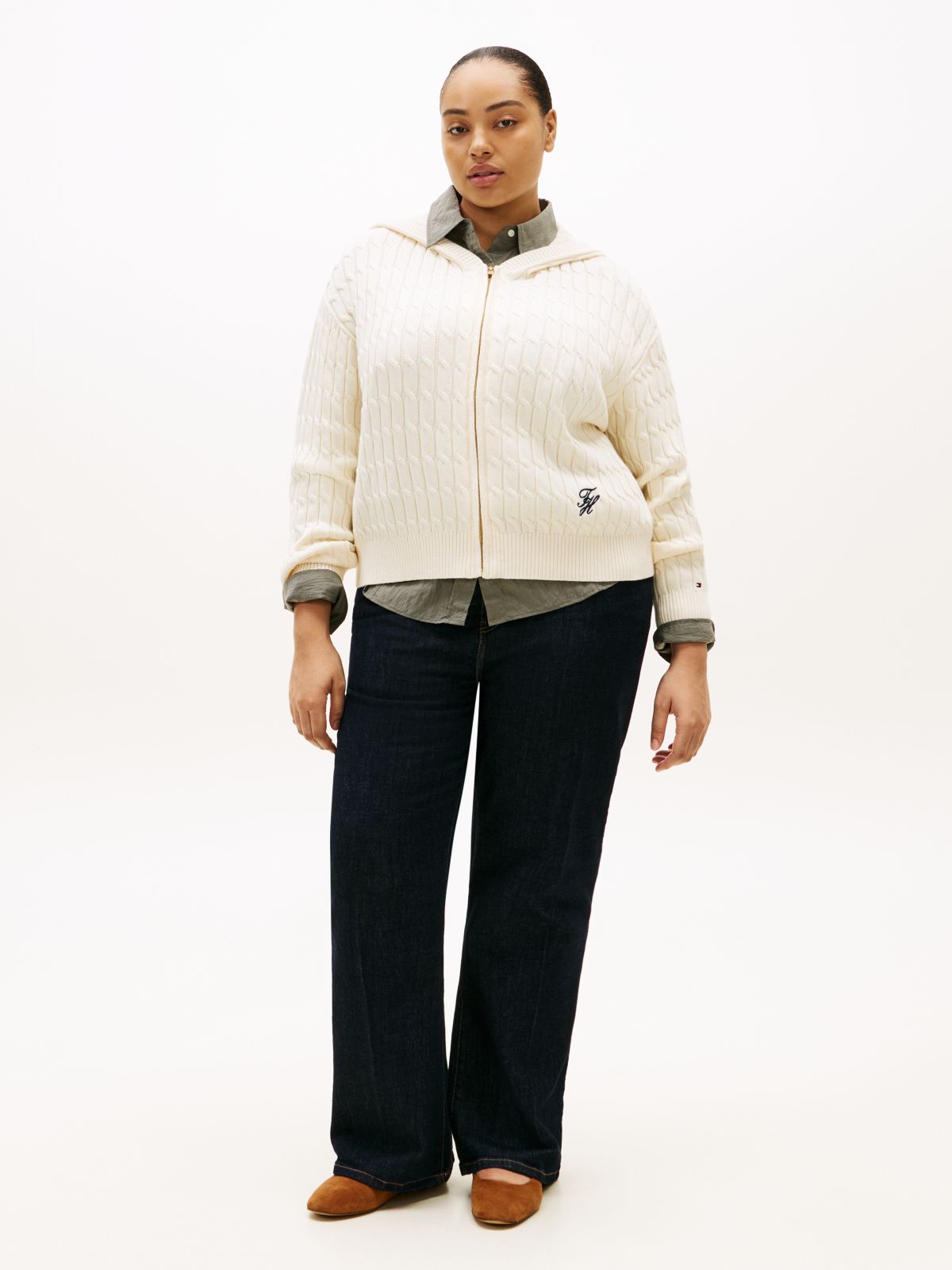 Curve Cable Knit Zip-Thru Hoody — Beige