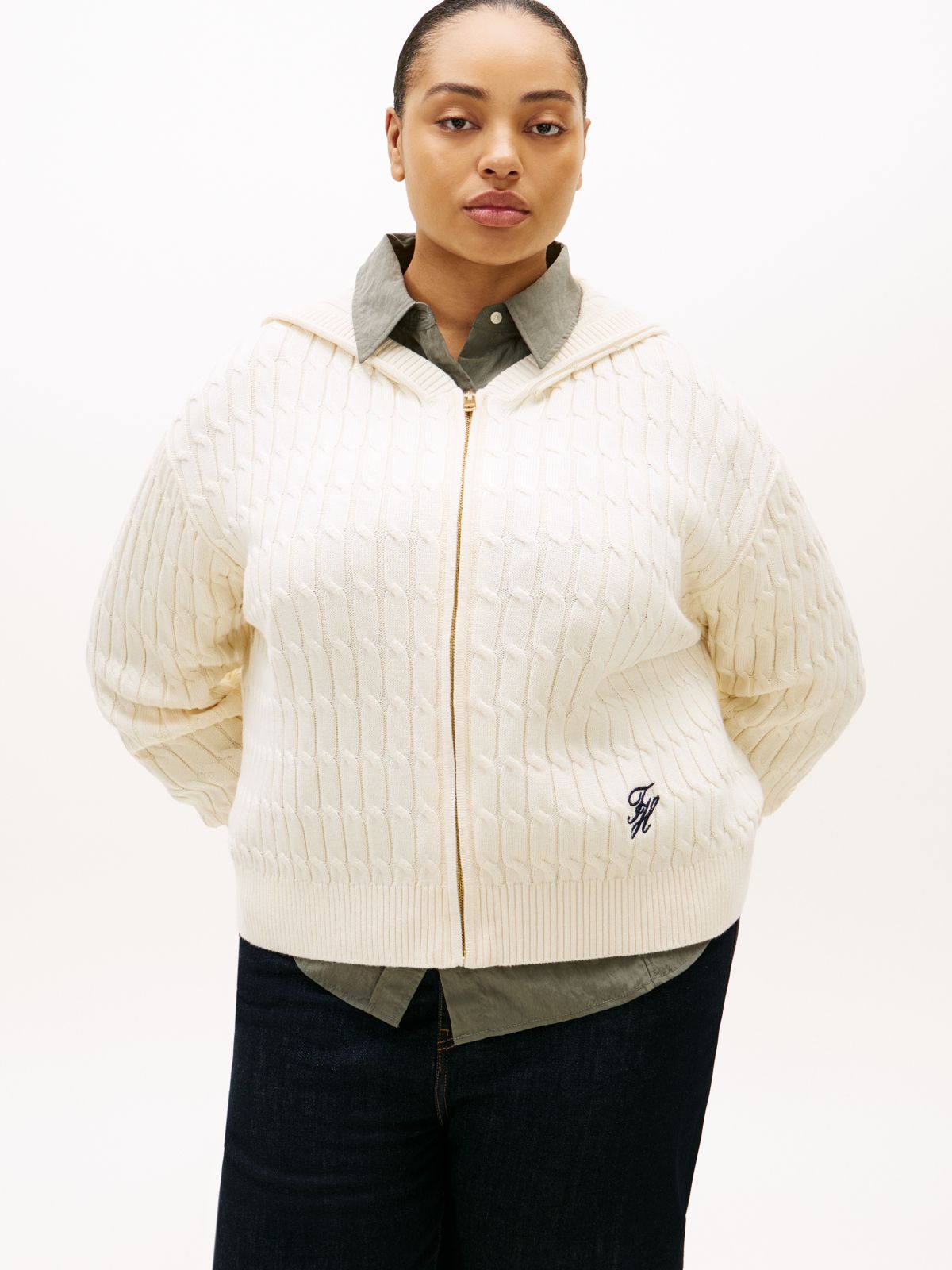 Curve Cable Knit Zip-Thru Hoody — Beige