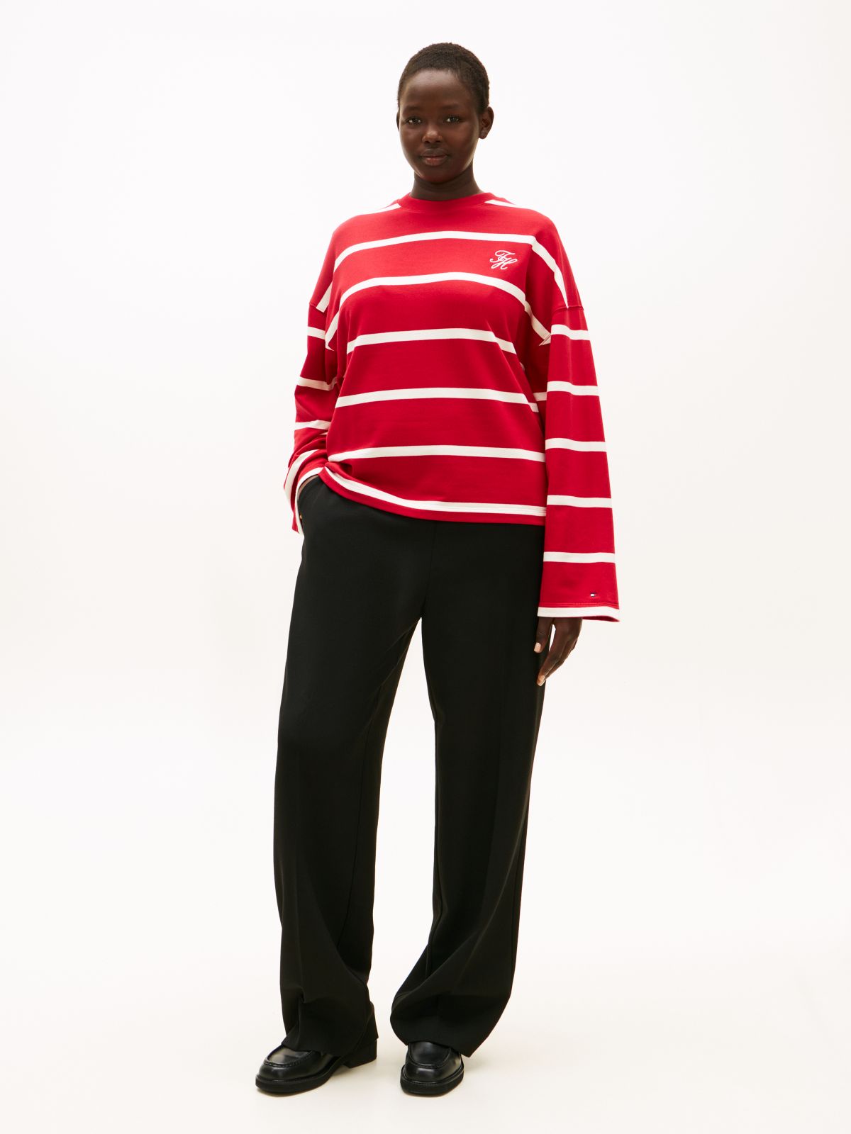 Curve Logo Embroidery Terry Crew Neck Sweatshirt — Red