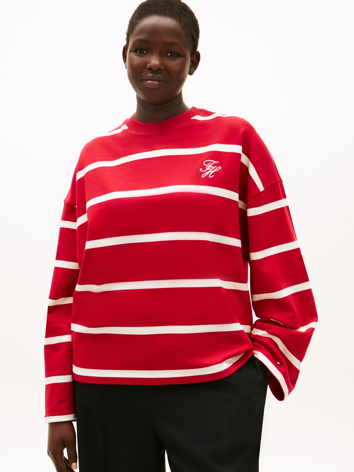 Curve Logo Embroidery Terry Crew Neck Sweatshirt — Red