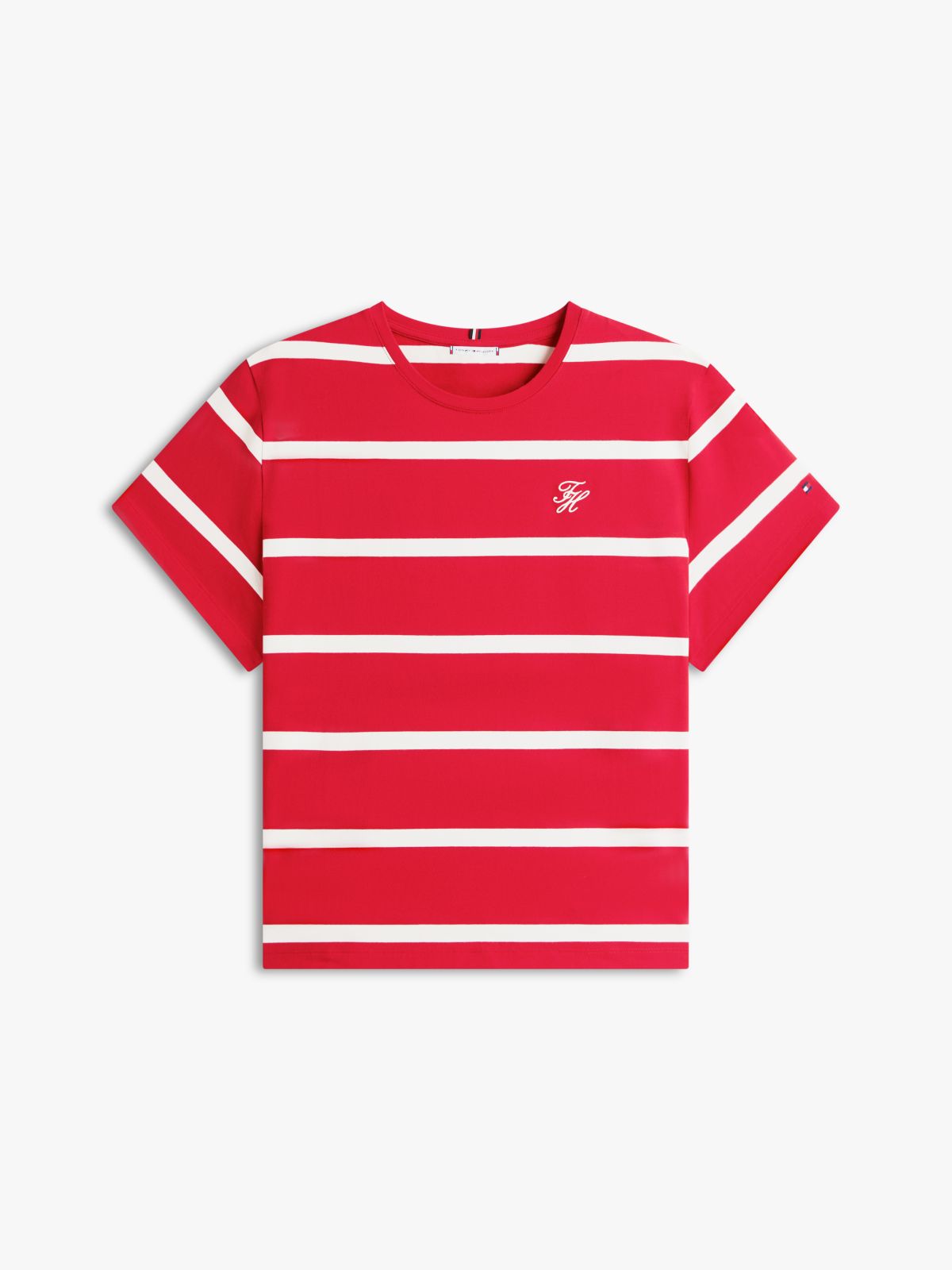 Curve Logo Embroidery Jersey Crew Neck T-Shirt — Red