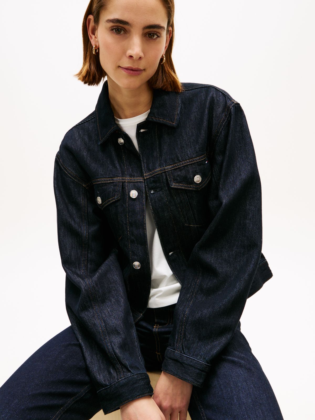 Flag Embroidery Pleated Denim Jacket — Blue