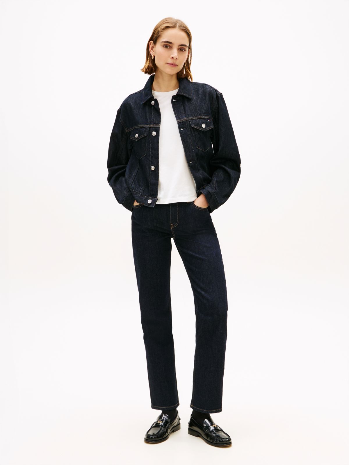 Flag Embroidery Pleated Denim Jacket — Blue