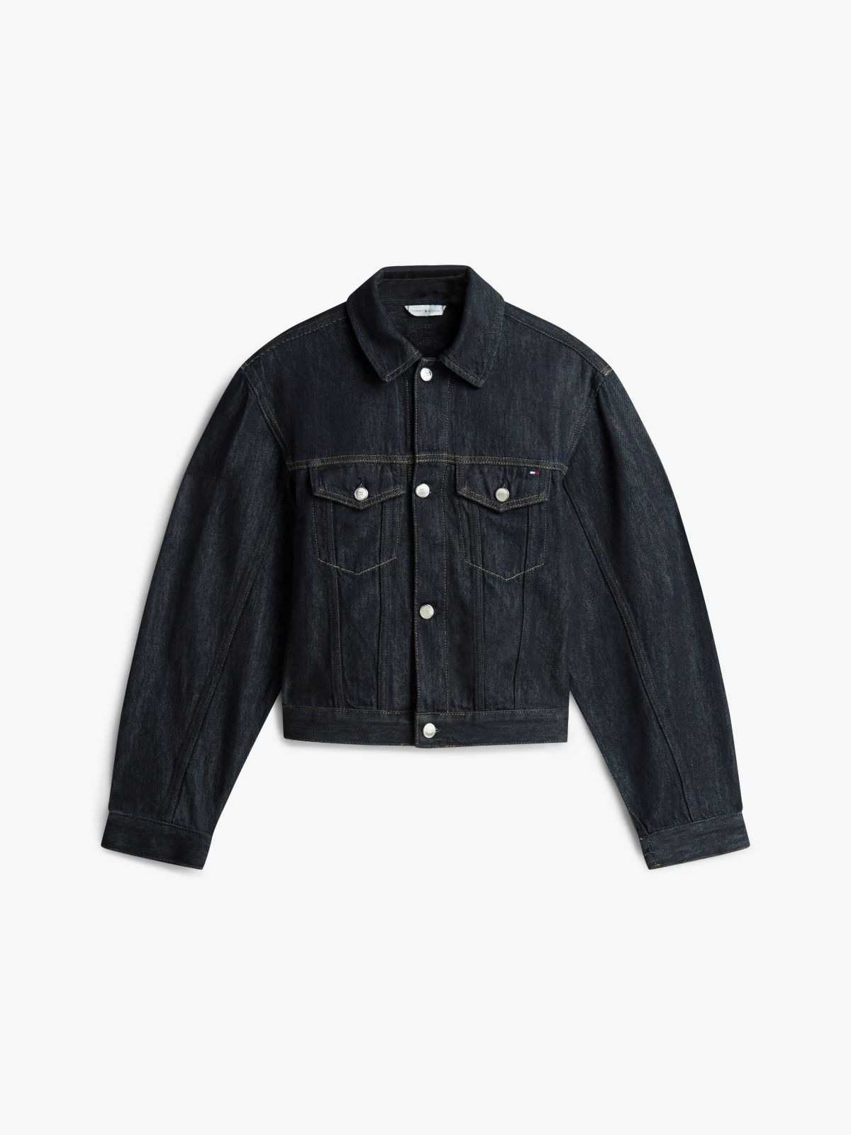 Flag Embroidery Pleated Denim Jacket — Blue