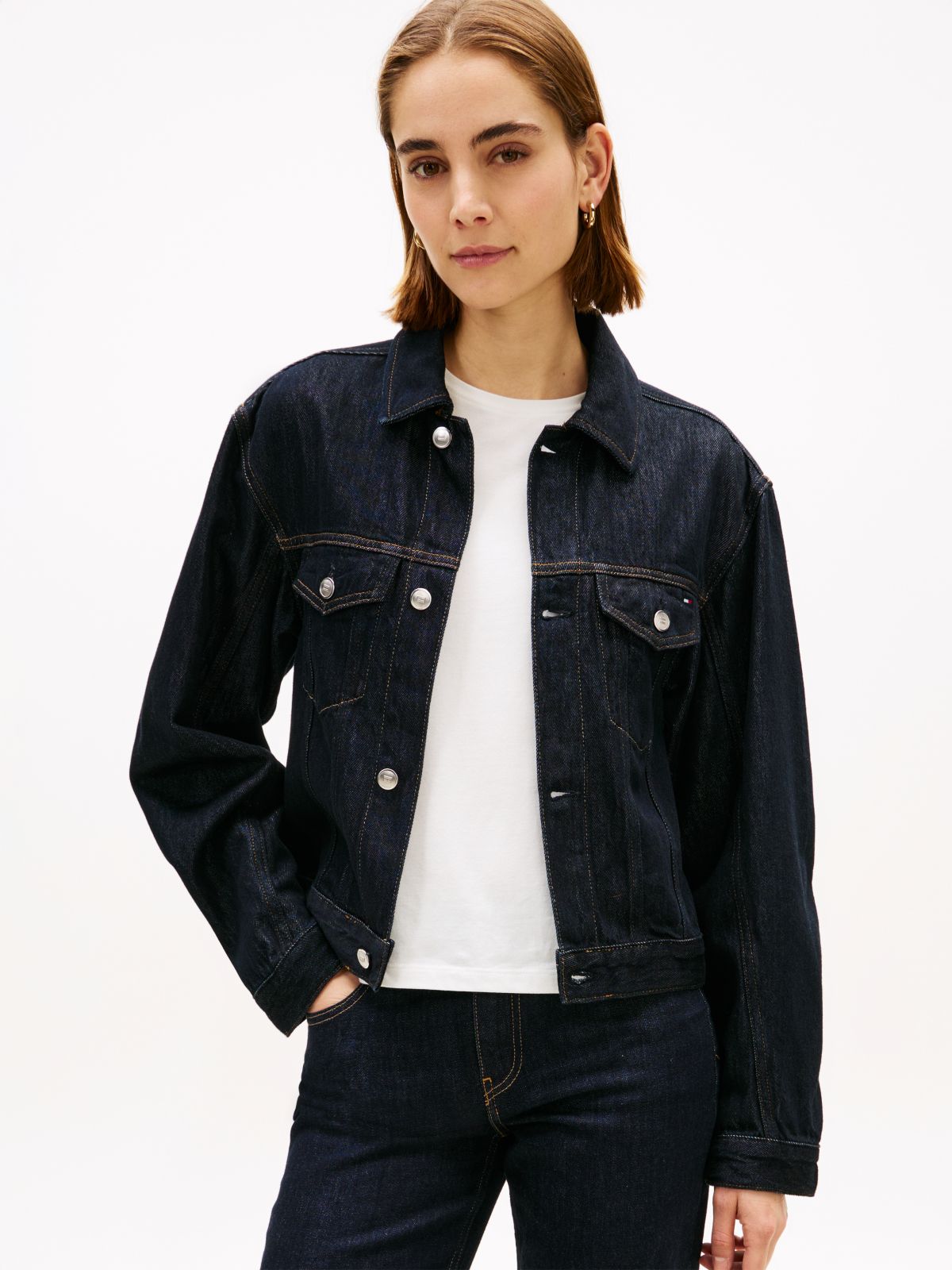 Flag Embroidery Pleated Denim Jacket — Blue