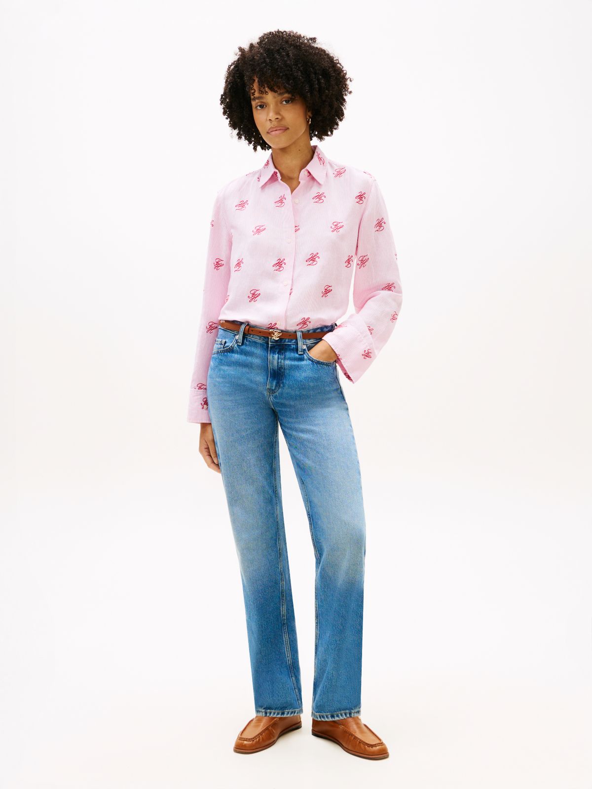 Logo Embroidery Linen Blend Shirt — Pink