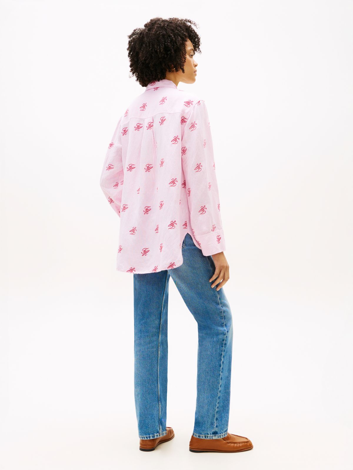 Logo Embroidery Linen Blend Shirt — Pink