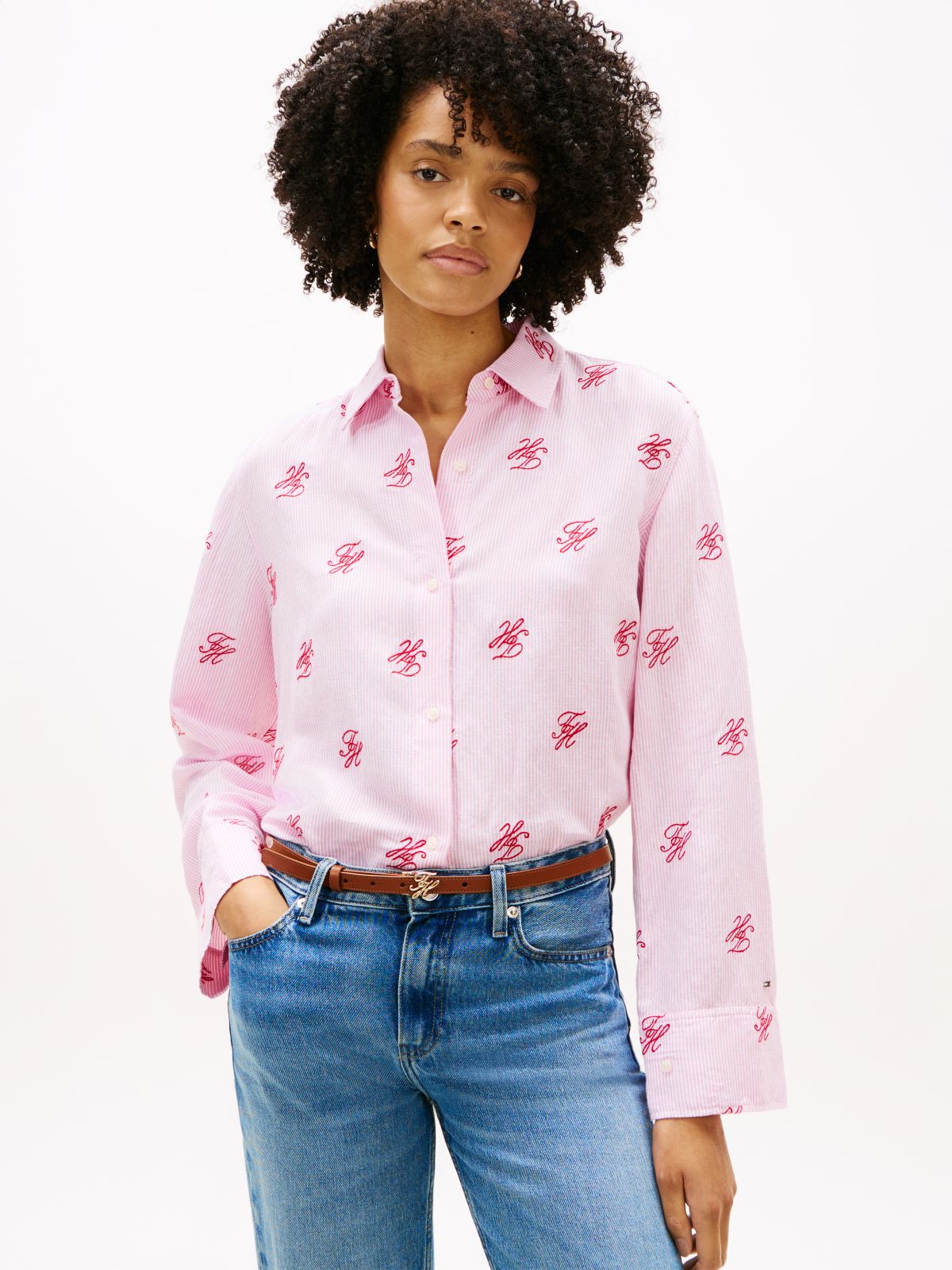 Logo Embroidery Linen Blend Shirt — Pink