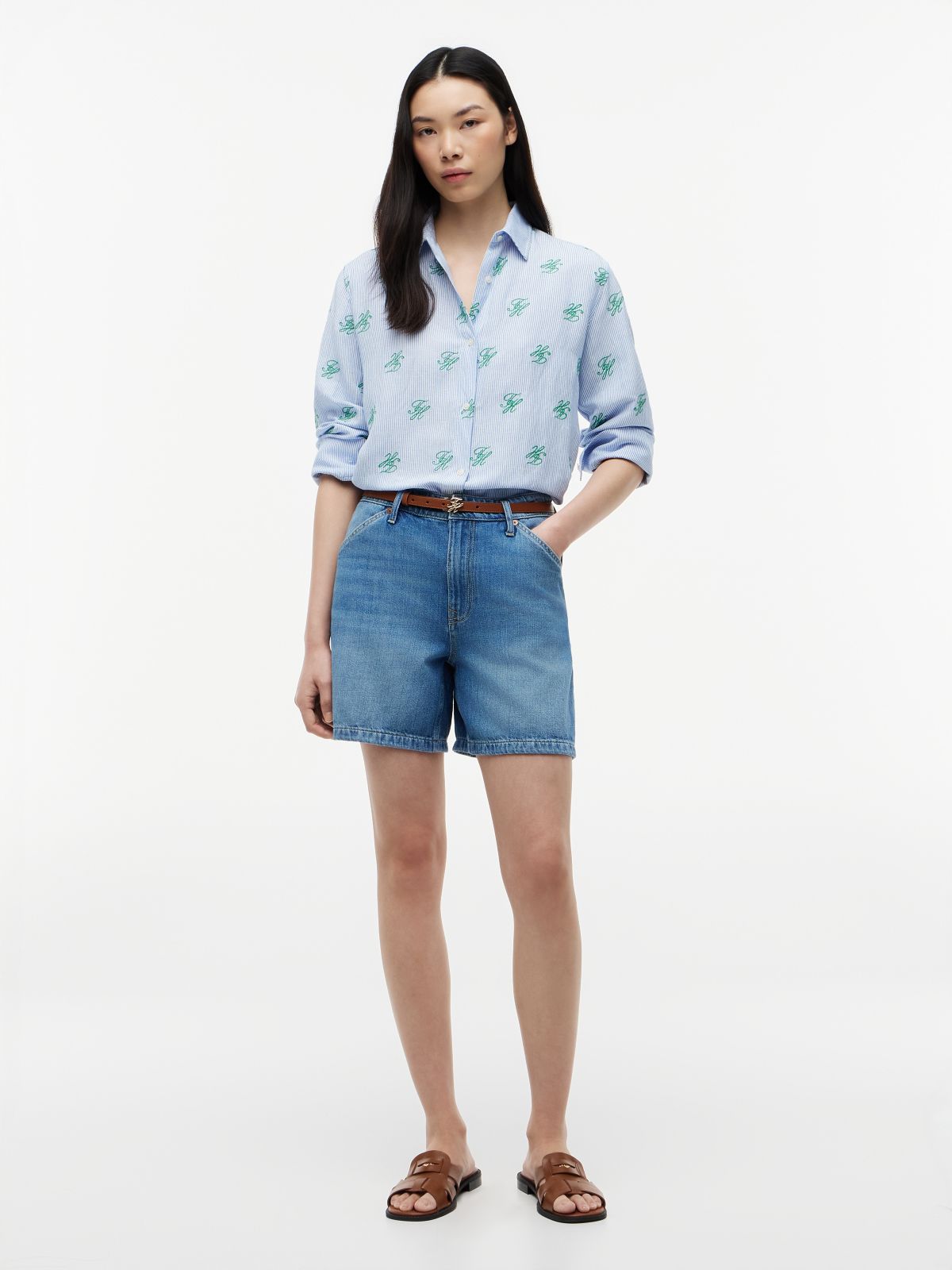 Logo Embroidery Linen Blend Shirt — Blue