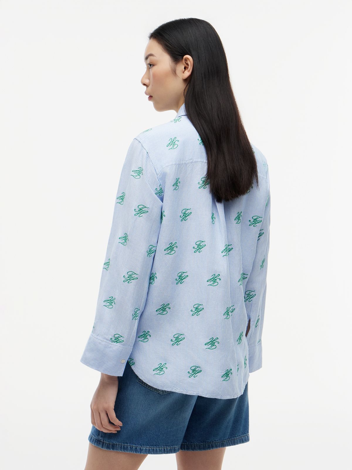Logo Embroidery Linen Blend Shirt — Blue
