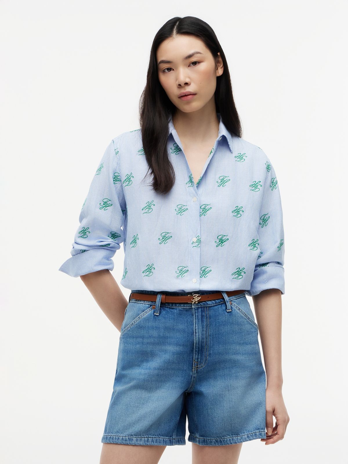 Logo Embroidery Linen Blend Shirt — Blue