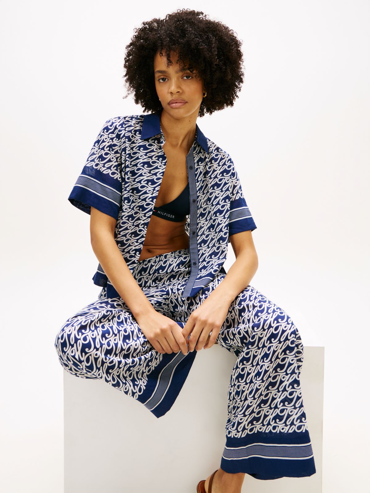 Relaxed Fit Print Voile Shirt With Silk — Blue