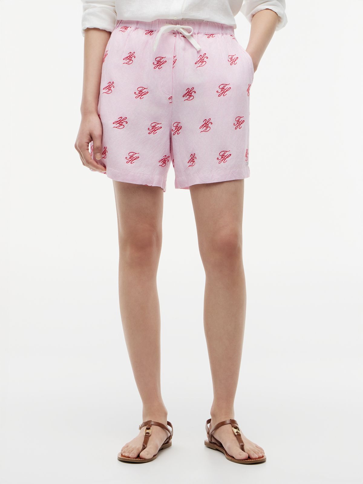 Linen Blend Print Relaxed Shorts — Pink