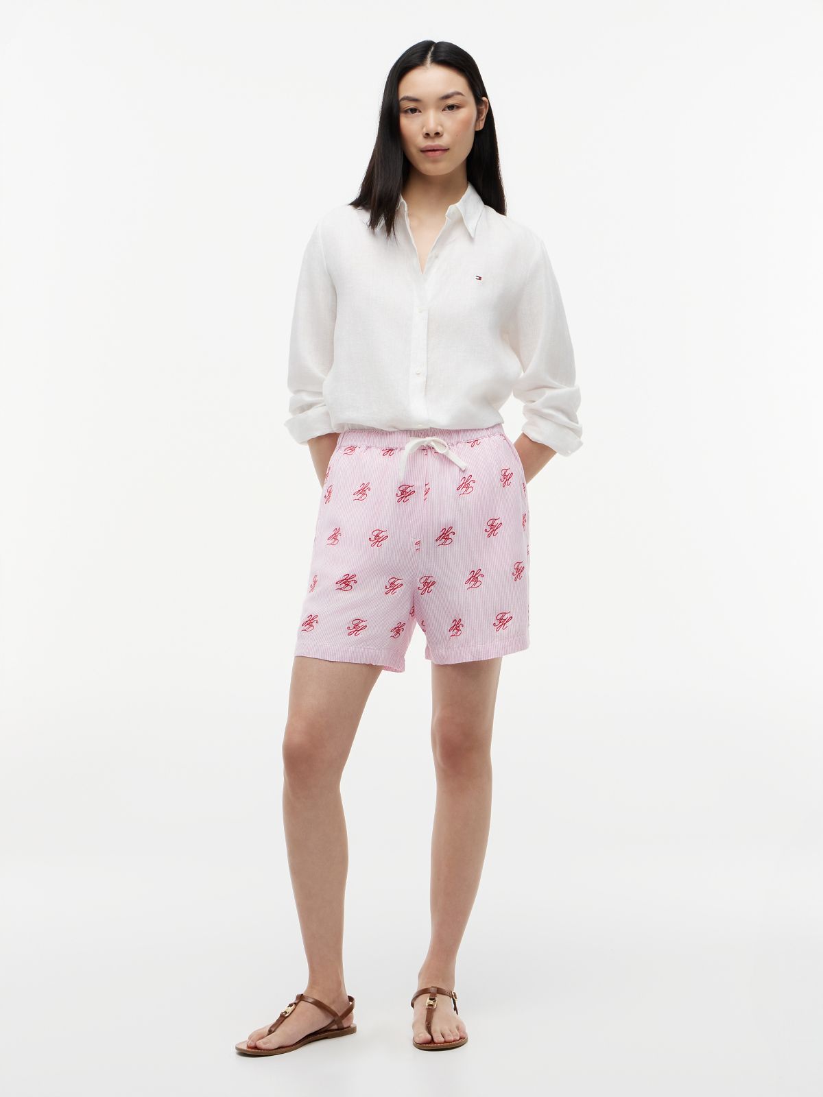 Linen Blend Print Relaxed Shorts — Pink