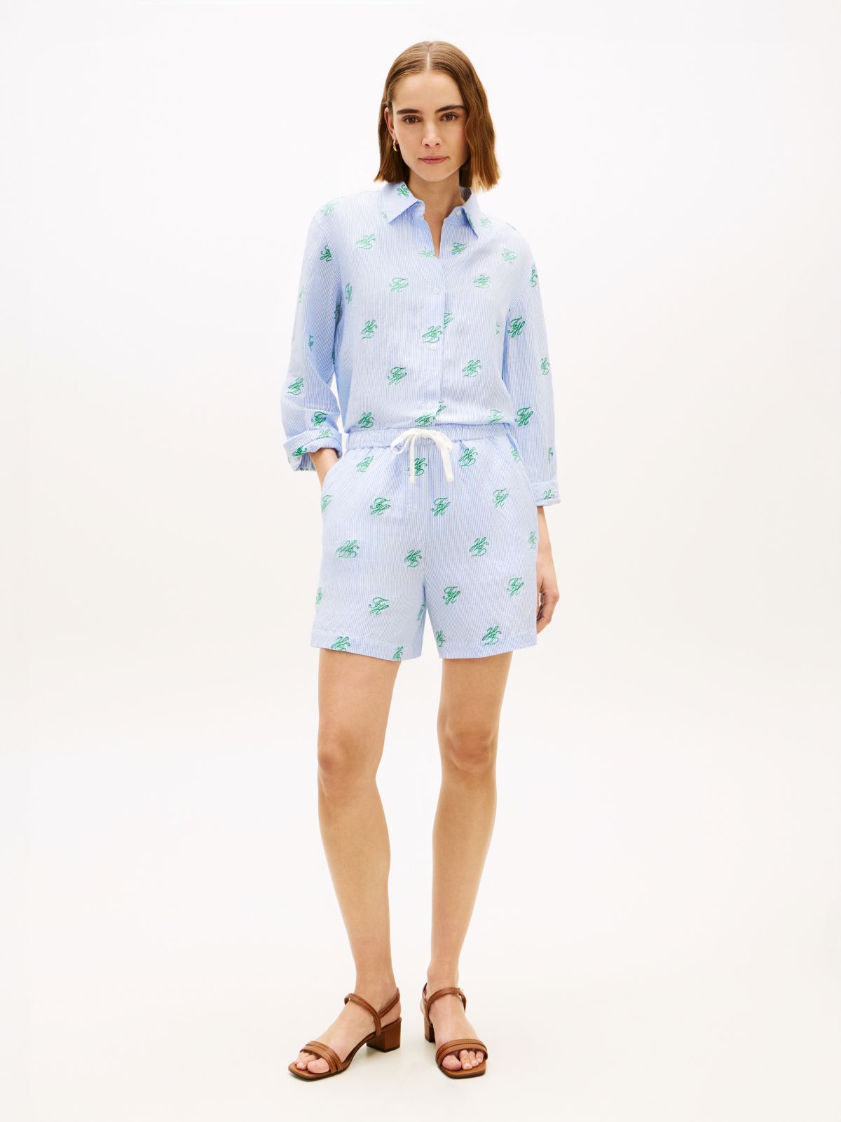 Linen Blend Print Relaxed Shorts — Blue