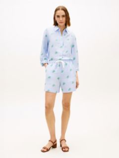 Linen Blend Print Relaxed Shorts — Blue 1