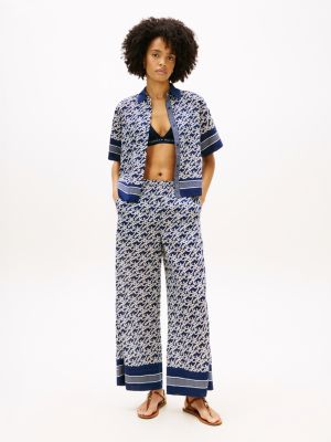 blue wijde broek van zijdemix voile met print voor dames - tommy hilfiger