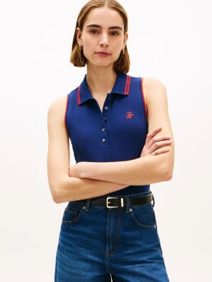 blue 1985 slim fit pique sleeveless polo shirt for women tommy hilfiger