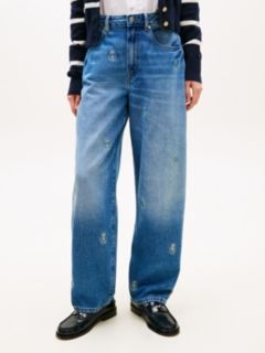 Crest Embroidery Mid Rise Barrel Leg Jeans — Blue 2