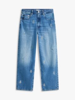 Crest Embroidery Mid Rise Barrel Leg Jeans — Blue 5